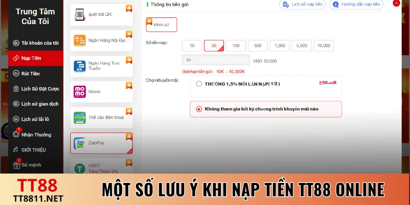 Một số lưu ý khi nạp tiền TT88 online